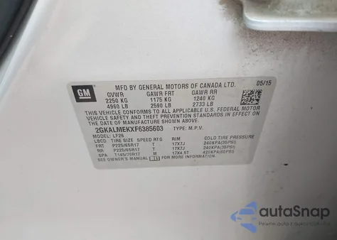 2015 GMC Terrain Sle-1 из США, поврежденный, VIN 2GKALMEKXF6385603